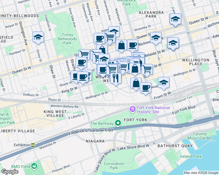 map of restaurants, bars, coffee shops, grocery stores, and more near 91B Walnut Avenue in Toronto