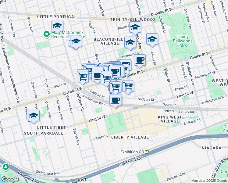 map of restaurants, bars, coffee shops, grocery stores, and more near 36 Lisgar Street in Toronto