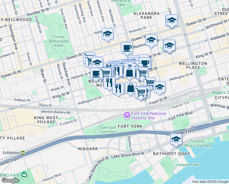 map of restaurants, bars, coffee shops, grocery stores, and more near 660B Wellington Street West in Toronto
