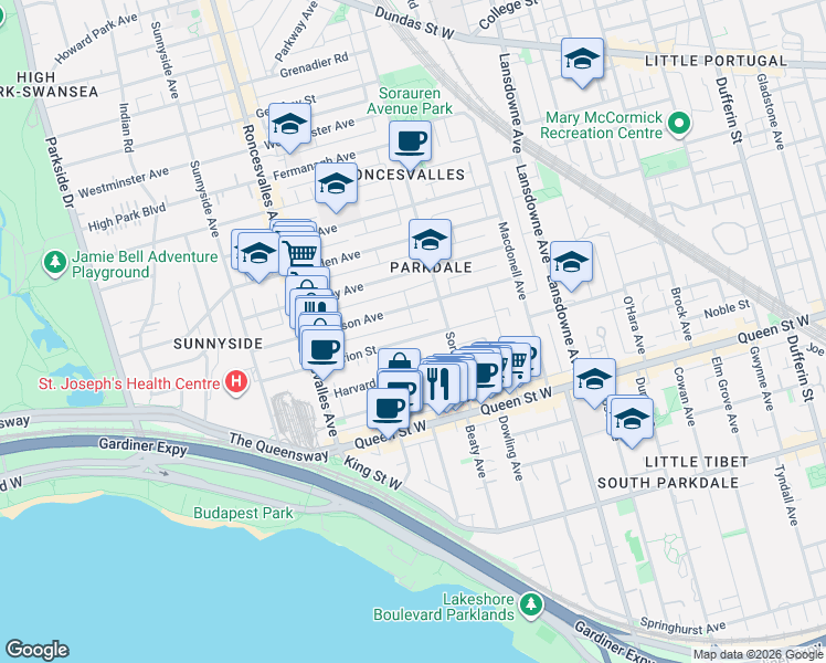 map of restaurants, bars, coffee shops, grocery stores, and more near 62 Marion Street in Toronto