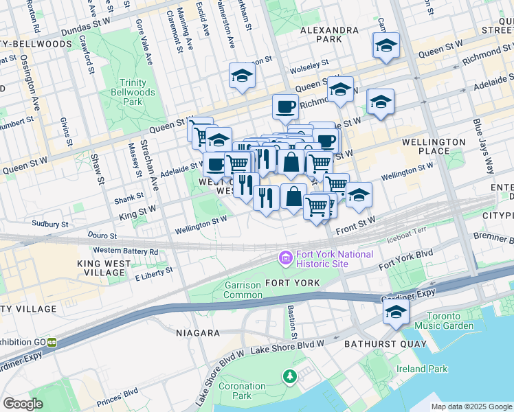 map of restaurants, bars, coffee shops, grocery stores, and more near 660 Wellington Street West in Toronto