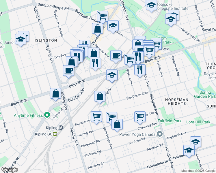 map of restaurants, bars, coffee shops, grocery stores, and more near 32 Fieldway Road in Toronto