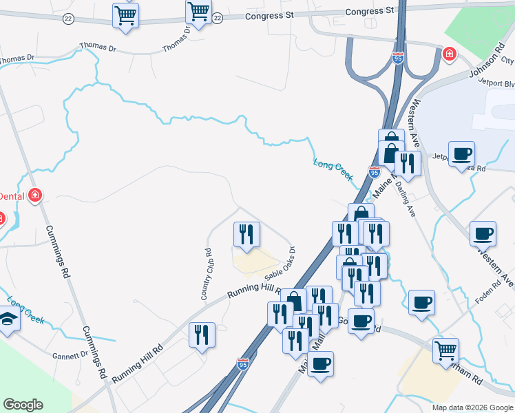 map of restaurants, bars, coffee shops, grocery stores, and more near 707 Sable Oaks Drive in South Portland