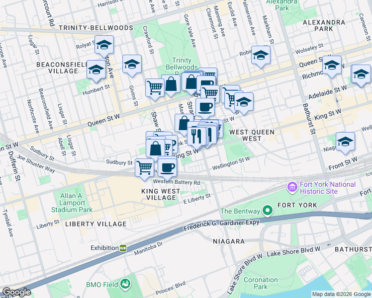 map of restaurants, bars, coffee shops, grocery stores, and more near 954 King Street West in Toronto