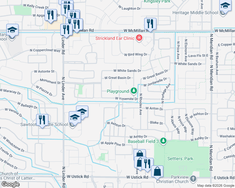 map of restaurants, bars, coffee shops, grocery stores, and more near 988 West Crescent Street in Meridian