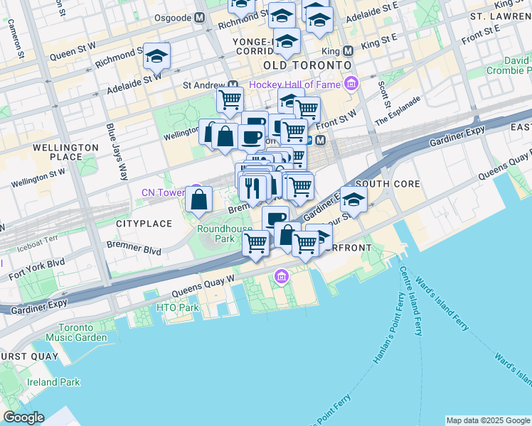 map of restaurants, bars, coffee shops, grocery stores, and more near in Toronto
