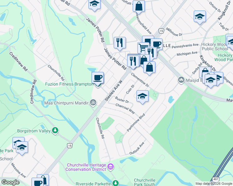 map of restaurants, bars, coffee shops, grocery stores, and more near 66 Royal Vista Road in Brampton