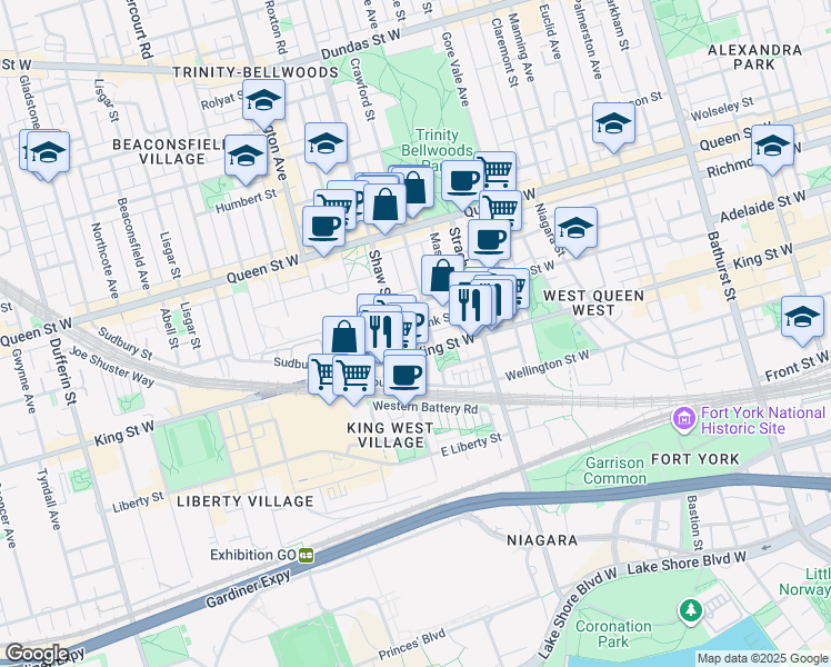 map of restaurants, bars, coffee shops, grocery stores, and more near 39 Shank Street in Toronto