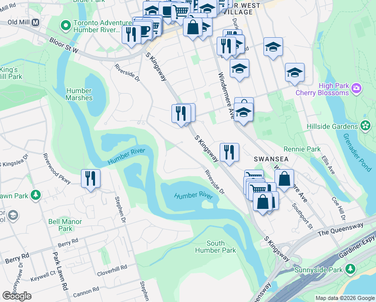 map of restaurants, bars, coffee shops, grocery stores, and more near 223 Riverside Drive in Toronto