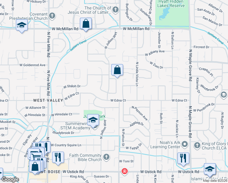 map of restaurants, bars, coffee shops, grocery stores, and more near 4144 North Jullion Way in Boise