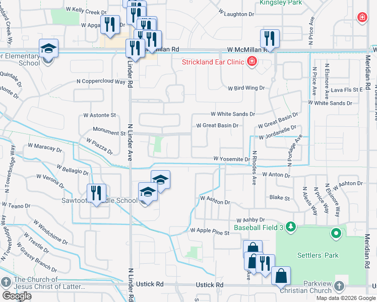 map of restaurants, bars, coffee shops, grocery stores, and more near 4153 North McKinley Park Avenue in Meridian