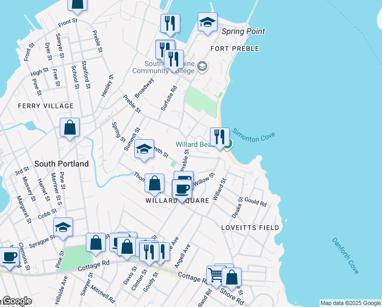 map of restaurants, bars, coffee shops, grocery stores, and more near 308 Preble Street in South Portland