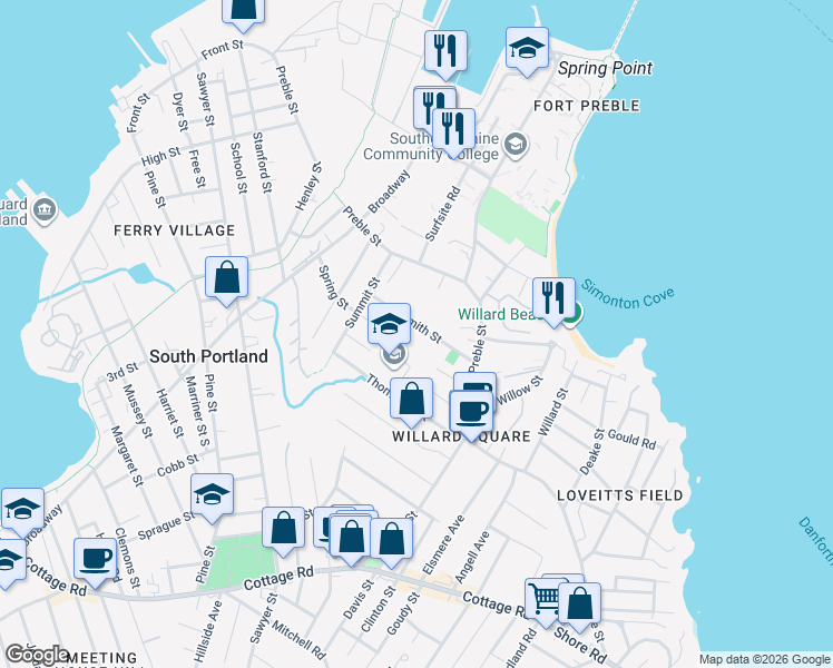 map of restaurants, bars, coffee shops, grocery stores, and more near 59 Smith Street in South Portland