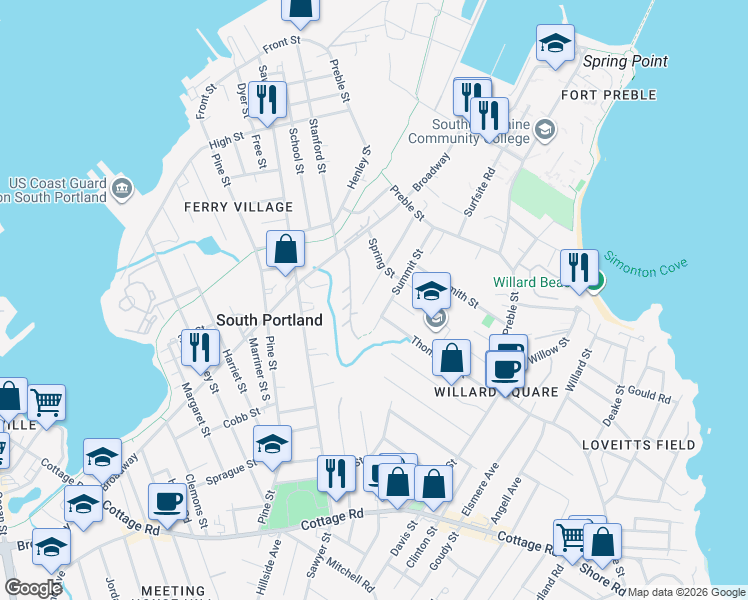 map of restaurants, bars, coffee shops, grocery stores, and more near 74 Grand Street in South Portland