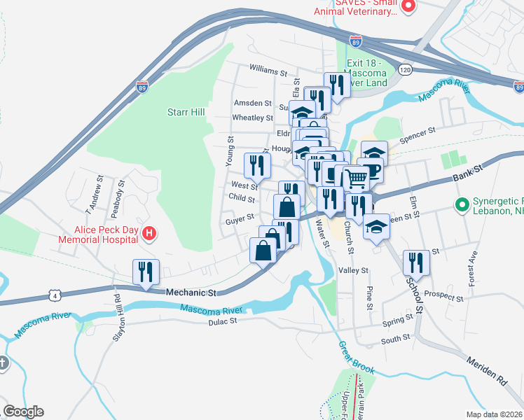map of restaurants, bars, coffee shops, grocery stores, and more near 5 Child Street in Lebanon