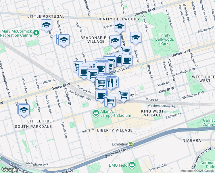 map of restaurants, bars, coffee shops, grocery stores, and more near in Toronto