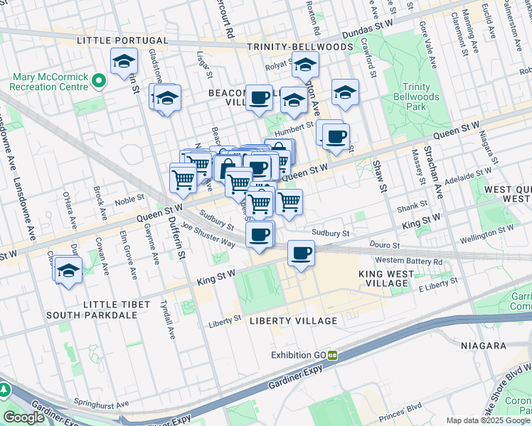 map of restaurants, bars, coffee shops, grocery stores, and more near 1093 Queen Street West in Toronto
