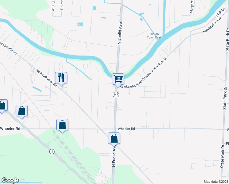 map of restaurants, bars, coffee shops, grocery stores, and more near 3400-3498 Kawkawlin River Dr in Bay City