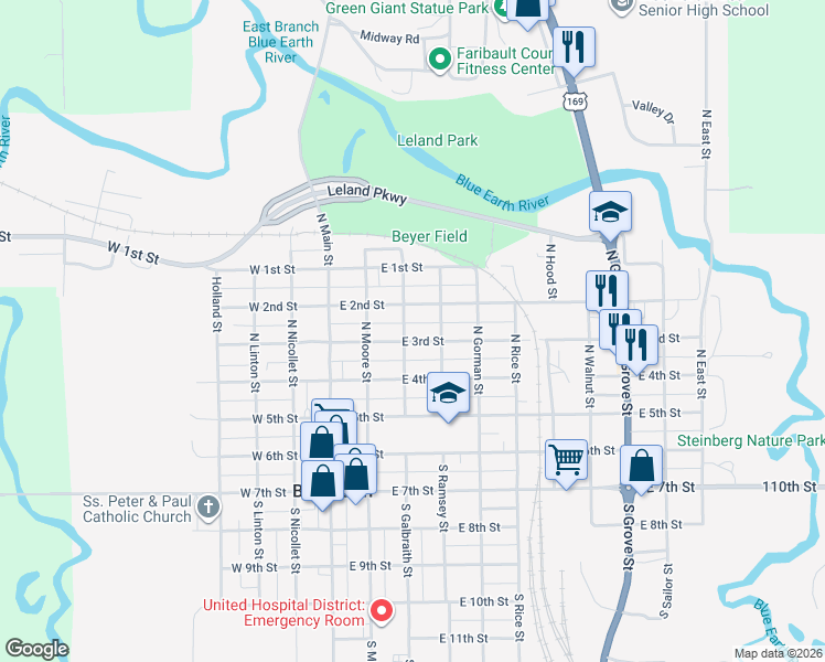 map of restaurants, bars, coffee shops, grocery stores, and more near 304 East 2nd Street in Blue Earth