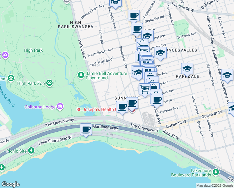 map of restaurants, bars, coffee shops, grocery stores, and more near 6 Ridley Gardens in Toronto