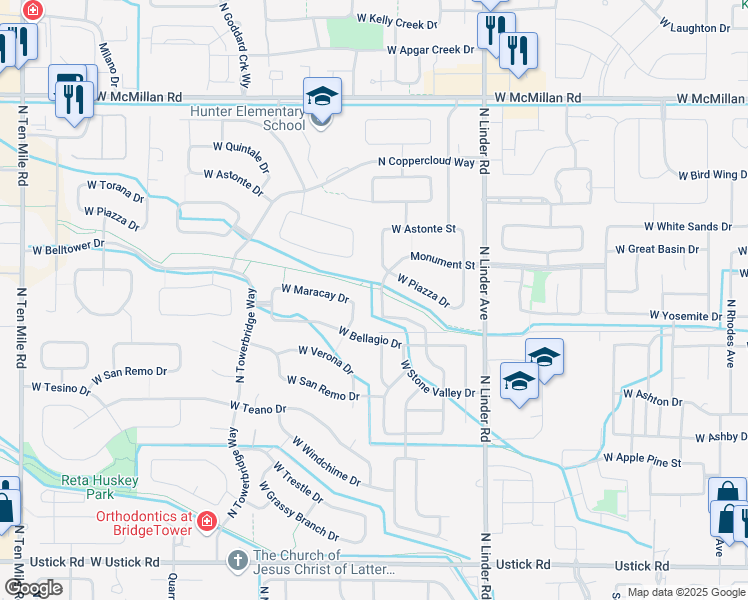 map of restaurants, bars, coffee shops, grocery stores, and more near 1921 West Piazza Drive in Meridian