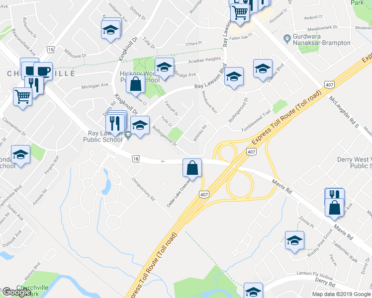 map of restaurants, bars, coffee shops, grocery stores, and more near 107 Rollingwood Drive in Brampton