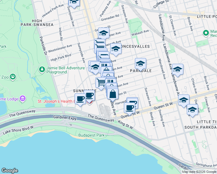map of restaurants, bars, coffee shops, grocery stores, and more near 99 Roncesvalles Avenue in Toronto