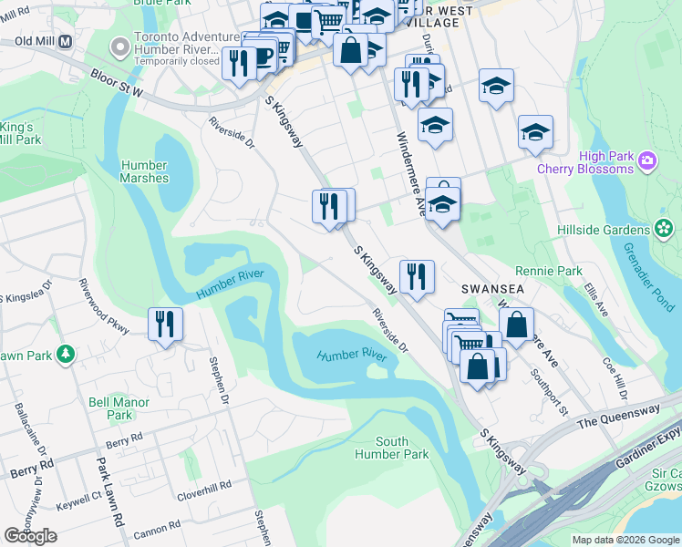 map of restaurants, bars, coffee shops, grocery stores, and more near 223 Riverside Drive in Toronto