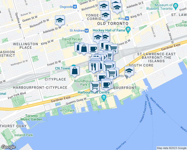 map of restaurants, bars, coffee shops, grocery stores, and more near 125 Bremner Boulevard in Toronto