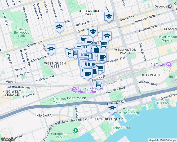map of restaurants, bars, coffee shops, grocery stores, and more near 38 Niagara Street in Toronto