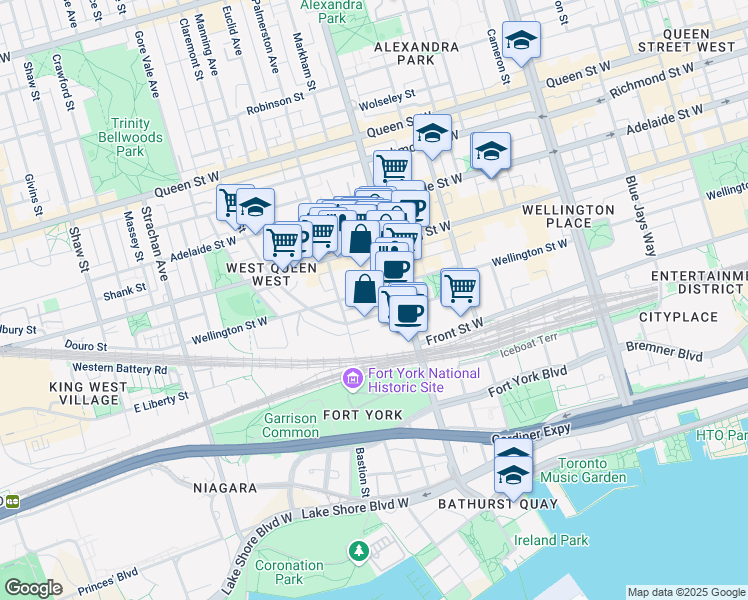 map of restaurants, bars, coffee shops, grocery stores, and more near in Toronto