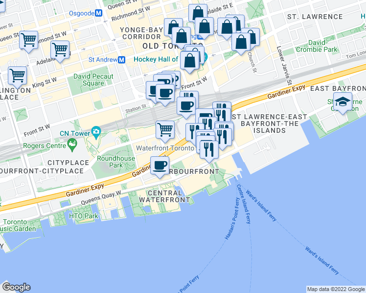 map of restaurants, bars, coffee shops, grocery stores, and more near 187 The PATH - One York Street in Toronto