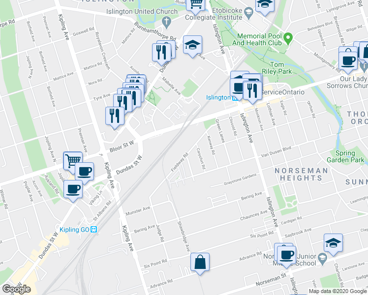 map of restaurants, bars, coffee shops, grocery stores, and more near in Toronto