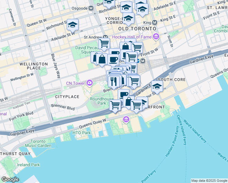 map of restaurants, bars, coffee shops, grocery stores, and more near 51 Lower Simcoe Street in Toronto