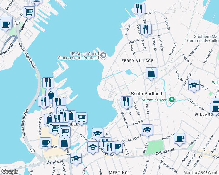 map of restaurants, bars, coffee shops, grocery stores, and more near 1 River Place Drive in South Portland