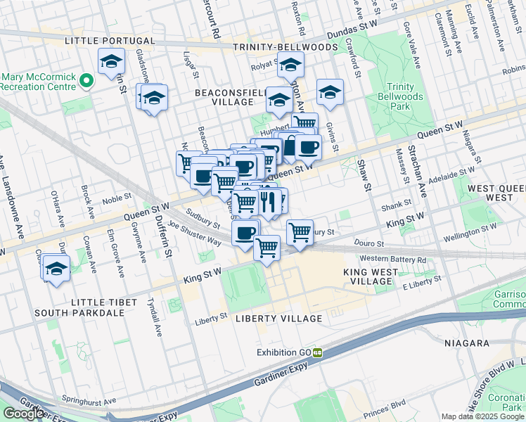 map of restaurants, bars, coffee shops, grocery stores, and more near 64 Dovercourt Road in Toronto