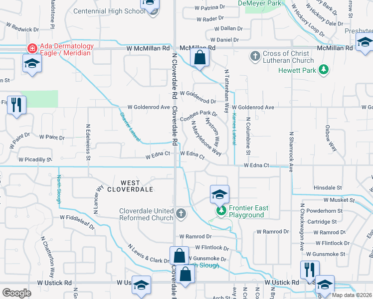 map of restaurants, bars, coffee shops, grocery stores, and more near 4121 North Creswell Way in Boise