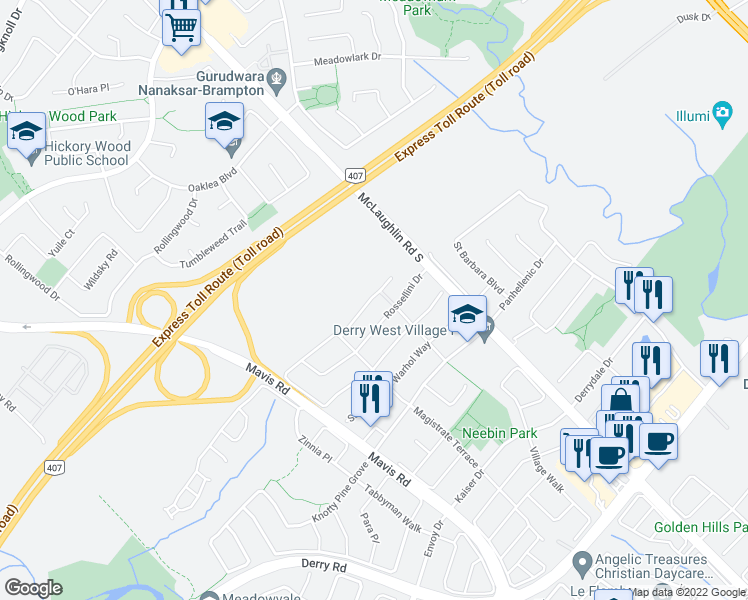 map of restaurants, bars, coffee shops, grocery stores, and more near 34-7385 Magistrate Terrace in Mississauga