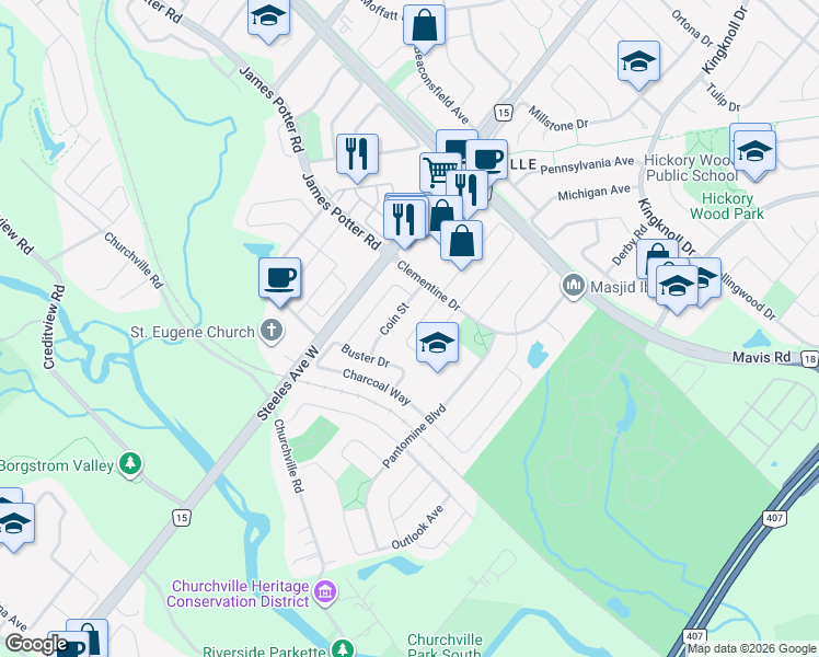 map of restaurants, bars, coffee shops, grocery stores, and more near 58 Geranium Crescent in Brampton