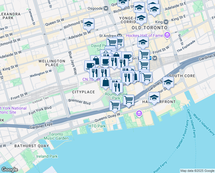 map of restaurants, bars, coffee shops, grocery stores, and more near 288 Bremner Boulevard in Toronto