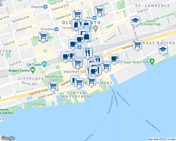 map of restaurants, bars, coffee shops, grocery stores, and more near 88 Harbour Street in Toronto
