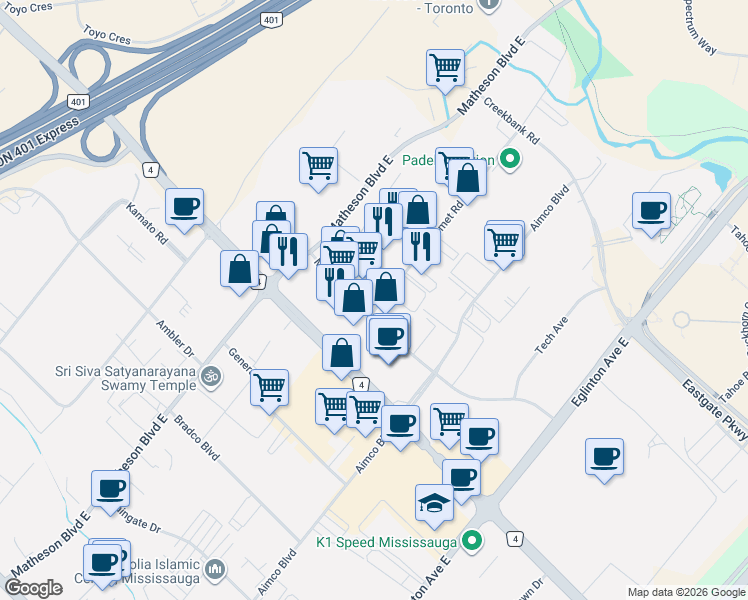 map of restaurants, bars, coffee shops, grocery stores, and more near 1575 Sismet Road in Mississauga