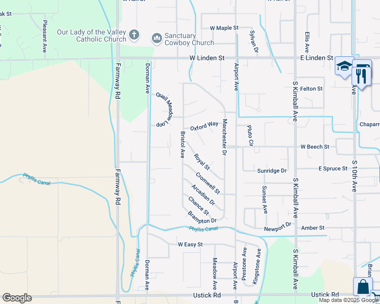 map of restaurants, bars, coffee shops, grocery stores, and more near 813 Royal Street in Caldwell