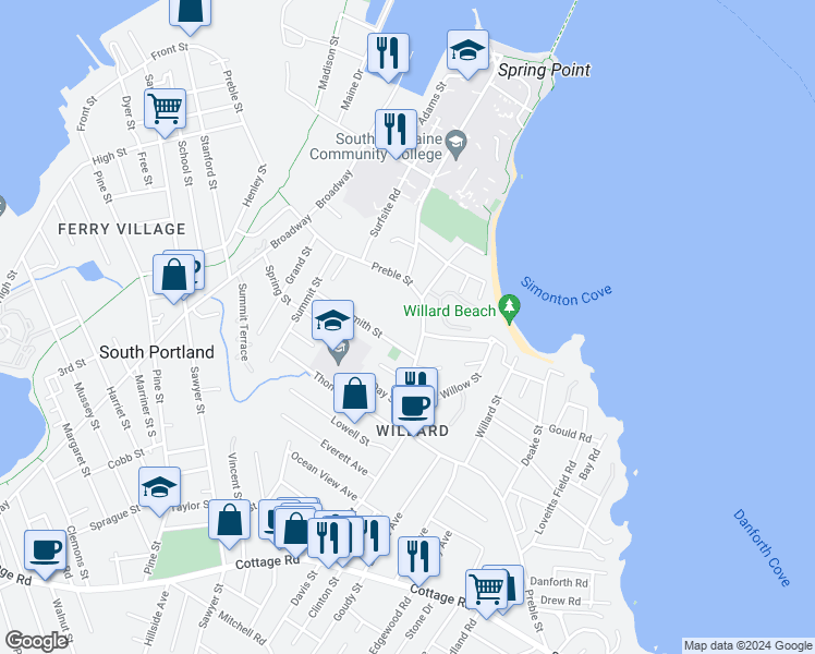 map of restaurants, bars, coffee shops, grocery stores, and more near 317 Preble Street in South Portland