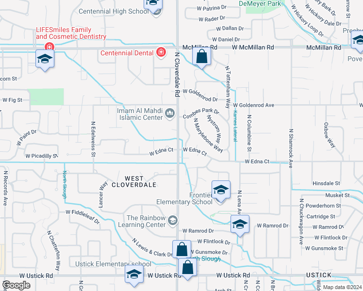 map of restaurants, bars, coffee shops, grocery stores, and more near 4121 North Creswell Way in Boise