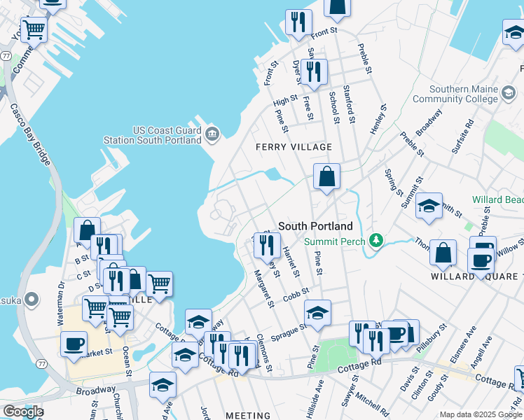 map of restaurants, bars, coffee shops, grocery stores, and more near 90 Harriet Street in South Portland