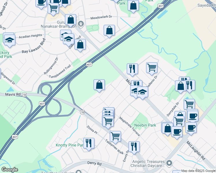 map of restaurants, bars, coffee shops, grocery stores, and more near 34-7385 Magistrate Terrace in Mississauga