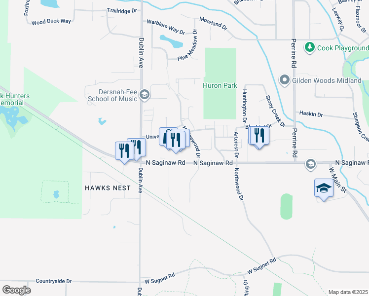 map of restaurants, bars, coffee shops, grocery stores, and more near 4911 Hedgewood Drive in Midland