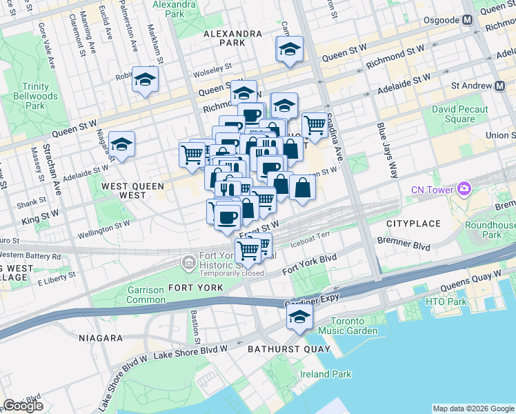 map of restaurants, bars, coffee shops, grocery stores, and more near 11 Niagara Street in Toronto
