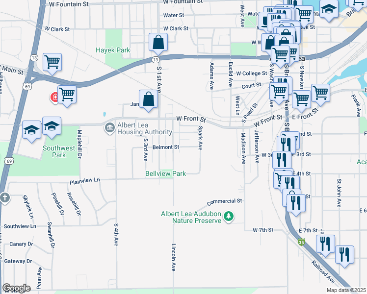 map of restaurants, bars, coffee shops, grocery stores, and more near 724 Belmont Street in Albert Lea